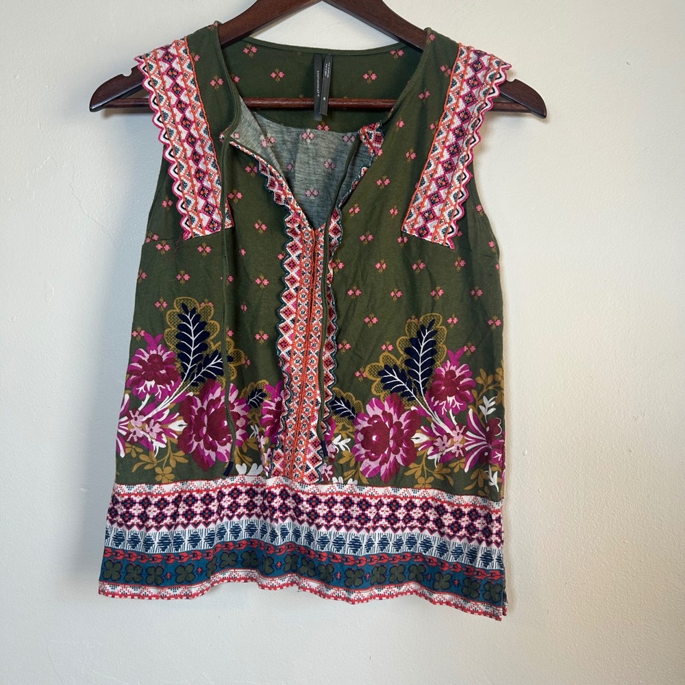 Anthropologie‎ Embroidered Floral Boho Top Women XS Olive Green Tie Nek